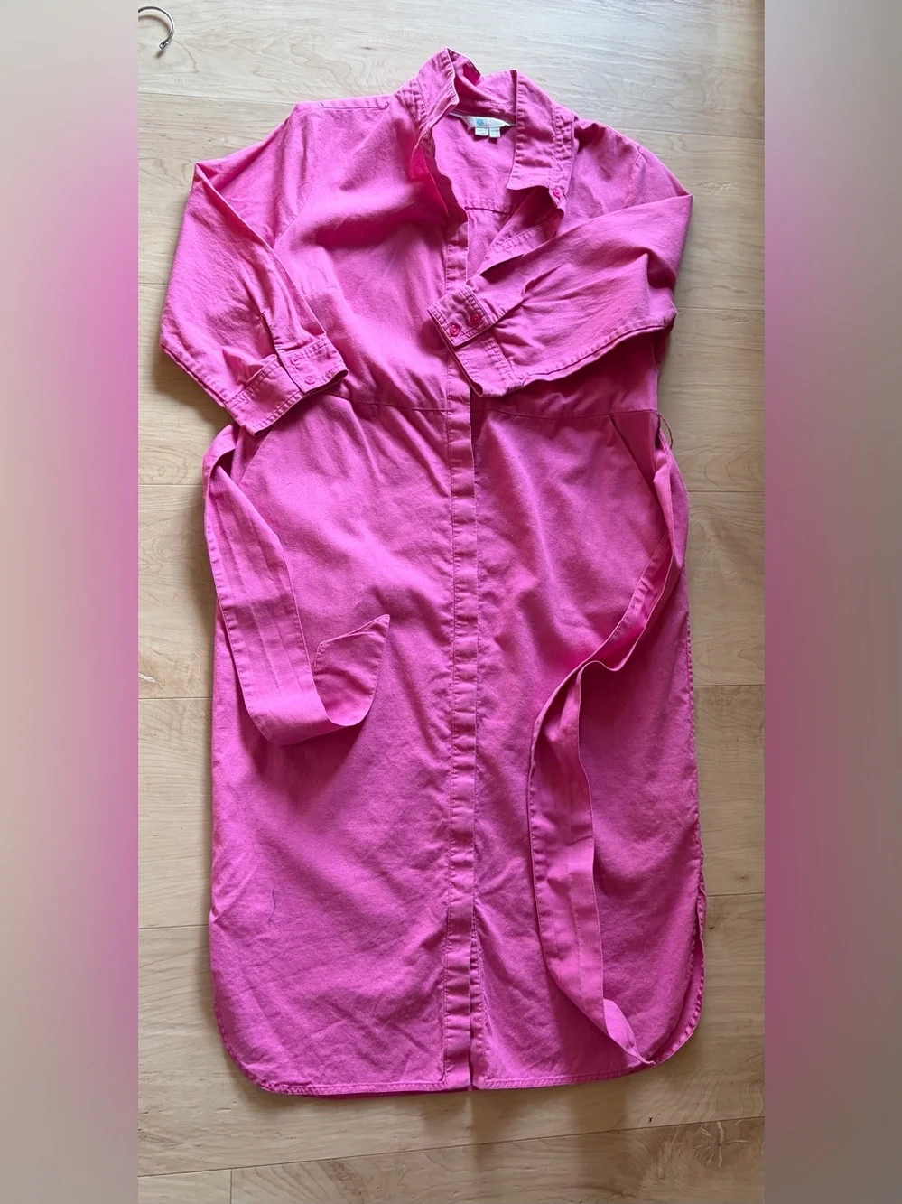Boden Linen Cotton Midi Shirt Dress 3/4 Sleeve Button Front Pink Size 8R
